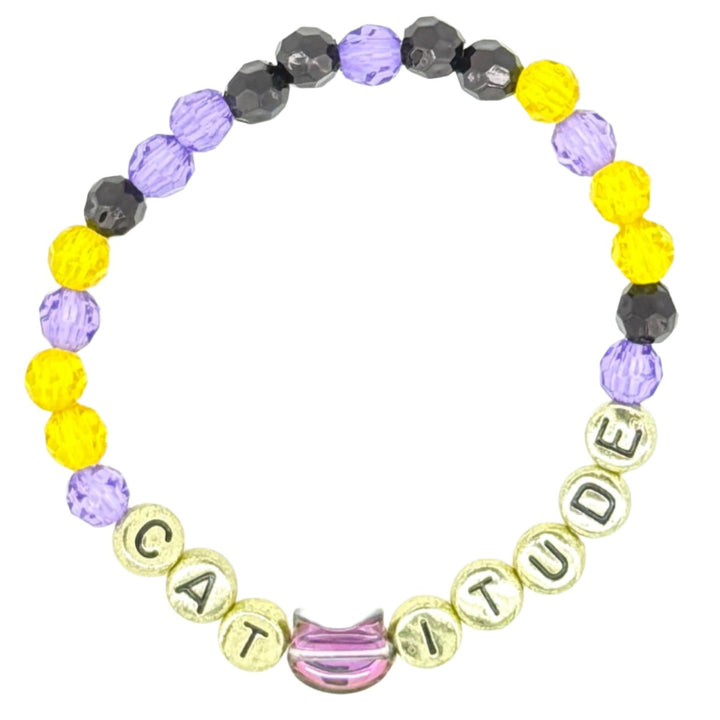 Catitude Bracelet – Purple and Yellow Beaded Cat Charm Bracelet