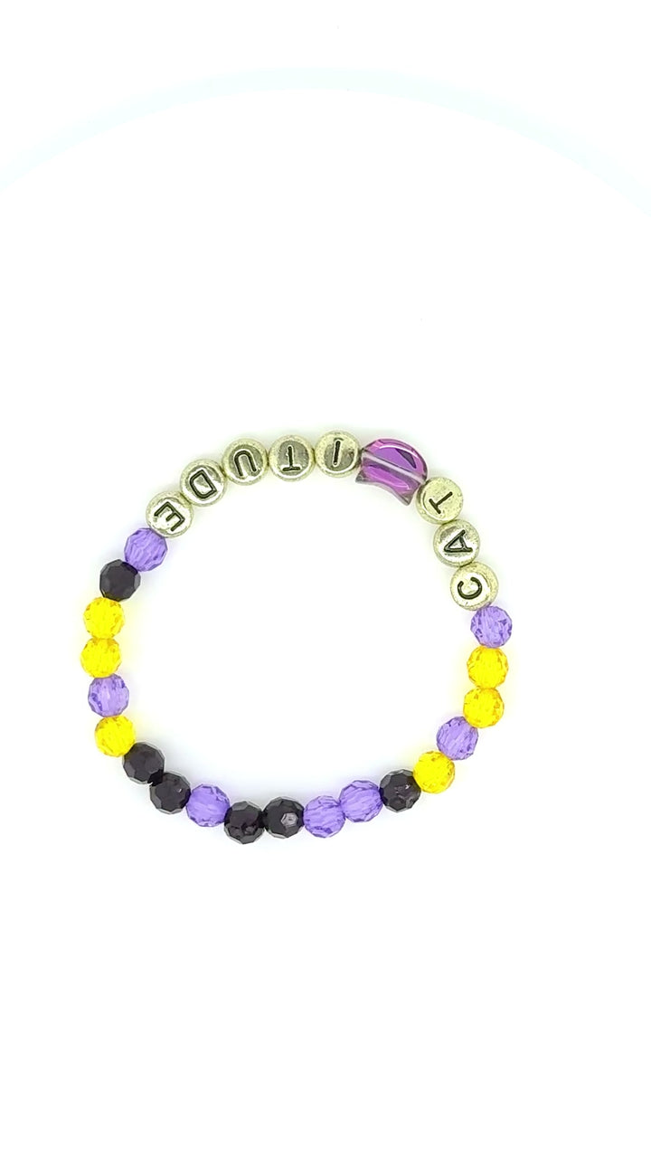 Catitude Bracelet – Purple and Yellow Beaded Cat Charm Bracelet